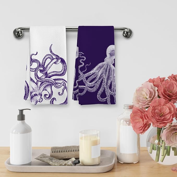 Coastal Octopus Halloween Decor Dish Hand Tea Towels for Bathroom Kitchen, Octopus Ocean Cryptid Spooky Home Bathroom Decor, Coastal Nautical Kitchen Towels and Dishcloths Sets of 2, 16x24 In