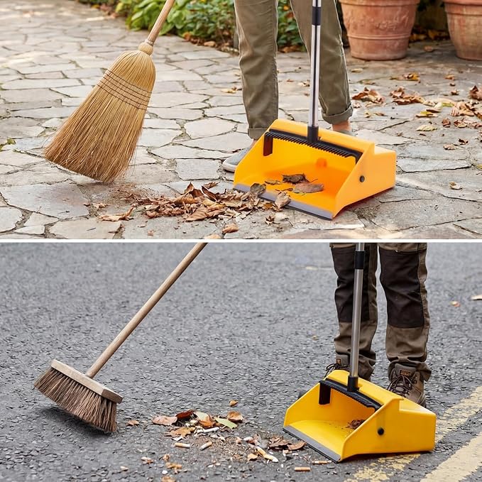 Didaey 1 Pcs Commercial Dustpan with Comb 38” Long Handle Upright Heavy Duty Dust Pan Outdoor Indoor for Courtyards Garages Lobby Mall Market Market Floors Office Pet Hair Rubbish Cleaning (Yellow)