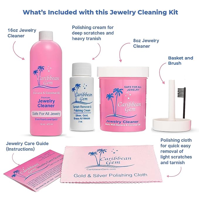 Caribbean Gem Jewelry Cleaner 16oz & 8oz, Basket, Brush, Polishing Cream & Polishing Cloth - Jewelry Cleaning Kit for All Gold, Silver, Diamonds, Rings, Necklaces, Gems, Precious Stones & Metals