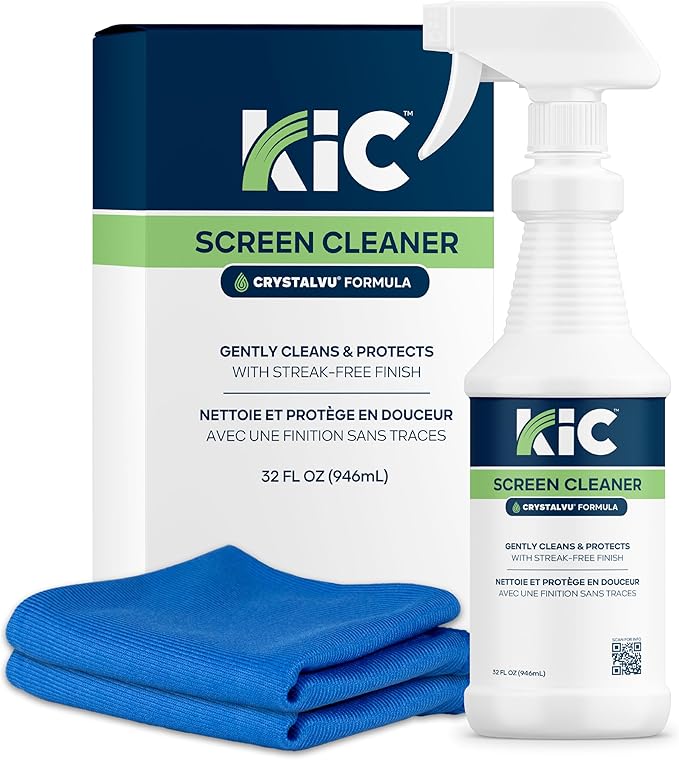 KIC CrystalVu Screen Cleaner Spray Kit with Microfiber Cleaning Cloth – Streak-Free for TV, Phone, Laptop, Monitor & Tablet – NSF Certified Safe Formula – 2 Reusable Microfiber Towels - 32oz