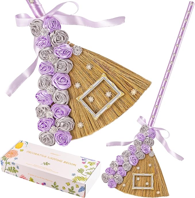 Wedding Broom for Jumping Ceremony, 40 Inch Jump the Broom Kit for African American Wedding, DIY Decoration Set with Velvet Roses, Crystals, Purple Silver