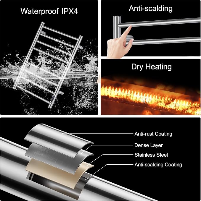 Towel Warmer Bathroom Wall Mounted Drying Rack Plug-in Electric Heated Towel Rack Stainless Steel Brushed Timer & Temperature Control 8 Bar