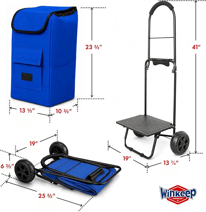 Shopping Cart, Super Loading Grocery Trolley, 220 lbs Capacity, Foldable Cart with Extra Large 55L Shopping Bag Portable Grocery Utility Cart with Adjustable Bungee Cord (Blue)