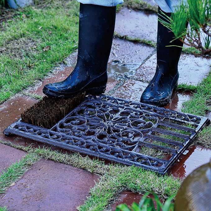 Sungmor Outdoor Cast Iron Doormat, Vintage Boot Scraper with Brushes, Rustic Brown Rectangle Shoe Scraper Mat, 22.8" Heavy Duty Decorative Shoe Cleaning Mat for Front Door, Entrance, Garden