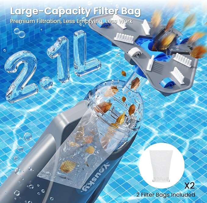 Cordless Handheld Pool Vacuum, 18.5GPM Strong Suction, Telescopic Pole, 45 Mins Runtime, Dual Brush Heads for Above Ground, Inground Pools, Spas & Hot Tubs, Vako H10