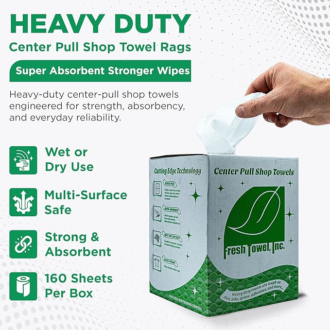 Fresh Towel Ultra Strong Center Pull Shop Towels - (1 Box of 300) Disposable Cleaning Towels - White, 9 x 12 inches - FT500