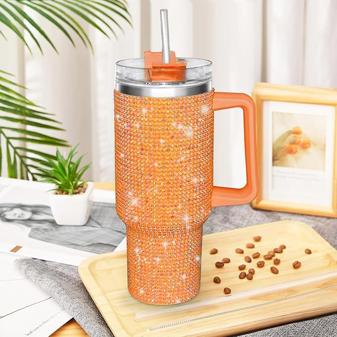 HWISDMIG 40oz Tumbler with Handle-Glitter Rhinestones Tumbler Bling Cups Stainless Steel Water Bottle Diamond Studded Tumbler for Women-Birthday Gifts for Women, Mom, Girlfriend (Orange)