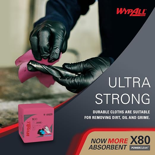 WypAll PowerClean X80 Cloths Heavy Duty Wipes (41029), Quarterfold, Extended Use Towels, Red (4 Packs of 50 Sheets, 200 Sheet Total)