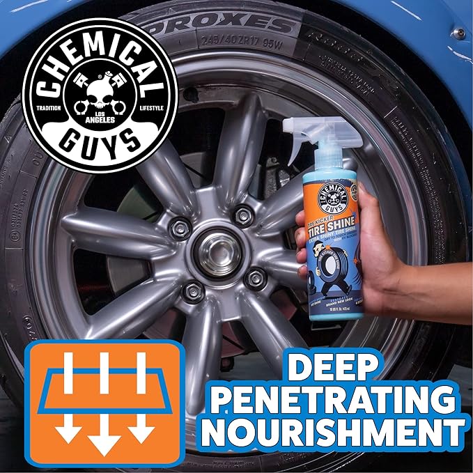 Chemical Guys SPI_103_16 Sprayable Leather Cleaner and Conditioner in One for Car Interiors, Apparel, Leather Scent, 16 fl oz & TVD11316 Tire Kicker Sprayable Extra Glossy Tire Shine, 16 fl oz