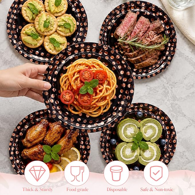 200PCS Black and Rose Gold Paper Plates Party Supplies Severs 25 Guests Disposable Paper Plates Set, 7’’&9’’ Paper Plates Cups Napkins Forks Set for Birthday, Mothers Day, Baby Shower Wedding