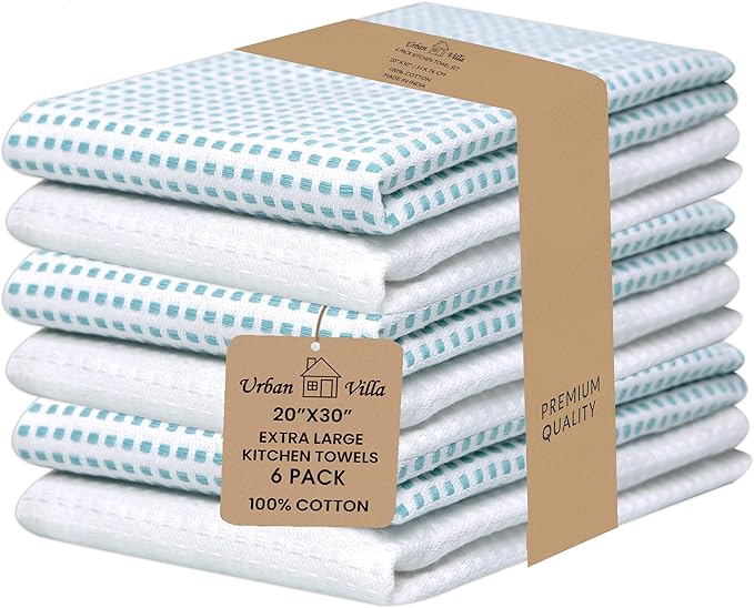 Urban Villa Christmas Dot Check Kitchen Towels Set of 6 20X30 Inches 100% Cotton Highly Absorbent Kitchen Towels Premium Quality Ultra Soft Mitered Corners Towels Aqua/White