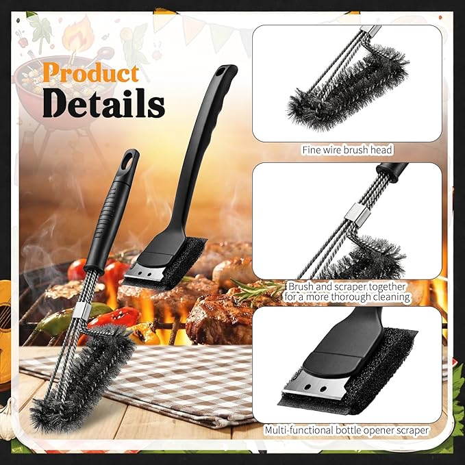 5 Pcs 304 Stainless Steel BBQ Grill Cleaning Tools Set, Steel Grill Brush Accessories with Scraper, Pointed Tail, Triangular, Scouring Pad Brush for Outdoor Gift for Men Dad