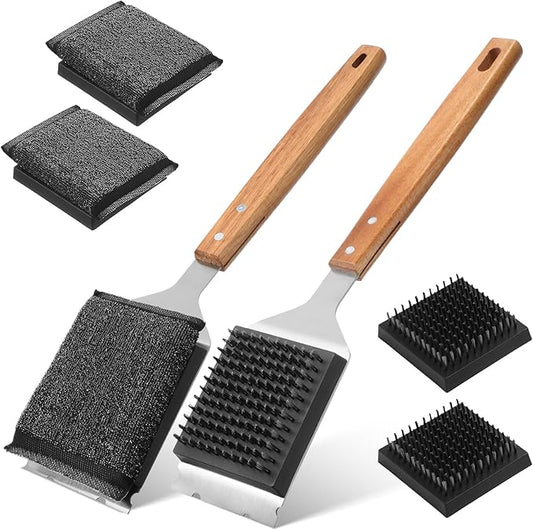 Sawysine 2 Pack Grill Brush and Scraper with 4 Replacement Heads, Wooden Handle Wire BBQ Grill Brush for Outdoor Grilling, 16.5" Bristle-Free BBQ Cleaning Brushes Barbecue Accessories