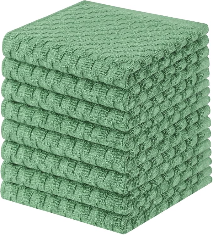Homaxy 100% Cotton Terry Kitchen Dish Cloths, Ultra Soft Absorbent Dish Towels with Hanging Loop, Pineapple Grid Designed, 12 x 12 Inches, 8-Pack, Grass Green