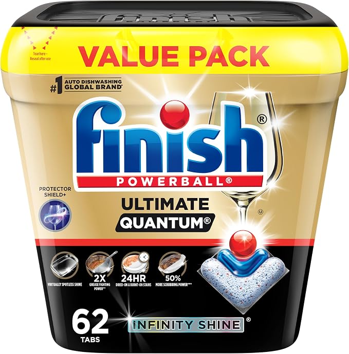 Finish Ultimate Quantum Infinity Shine Dishwasher Pods, New & Improved Formula, Dishwasher Detergent Dish Soap, Removes Burnt-On & Dried-On Stain, Fresh Scent, 62 Count