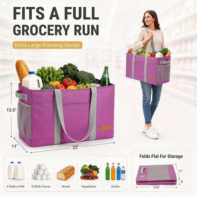 WONDAY Extra Large Utility Tote Bag - Standing Reusable Grocery Bag with Handle, Collapsible Storage for Shopping, Beach