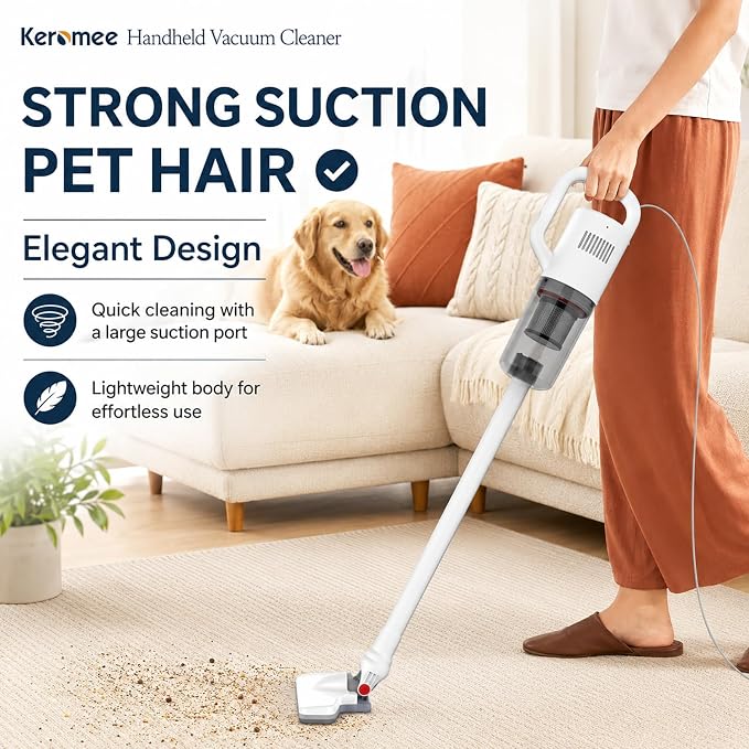 KEROMEE Stick Vacuum Cleaner, Corded Handheld Vacuum Cleaner Mini Electric Broom for Pet Hair Hardwood Floor Cat Litter Carpet Cleaning (16ft-Cord)