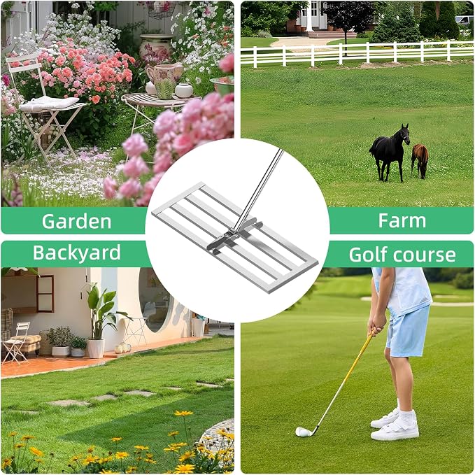 6.5FT Extra Long Handle Yard Leveling Rake, 30" x 10" Stainless Steel Lawn Leveling Rake 30 inch, Professional Soil Leveler for Golf Courses, Pastures & Residential Lawns, Silver