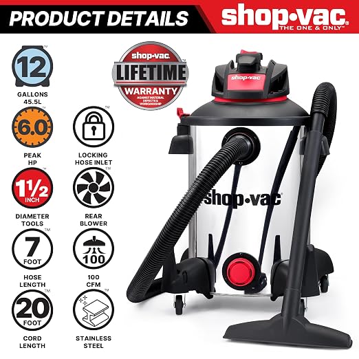 Shop-Vac 5761311 12-Gallon Wet/Dry Shop Vacuum, 6 Peak HP, 1.5 Inch Diameter x 7 Foot Hose, 20 Foot Cord, Ideal for Home, Garage, and Workshop Cleaning