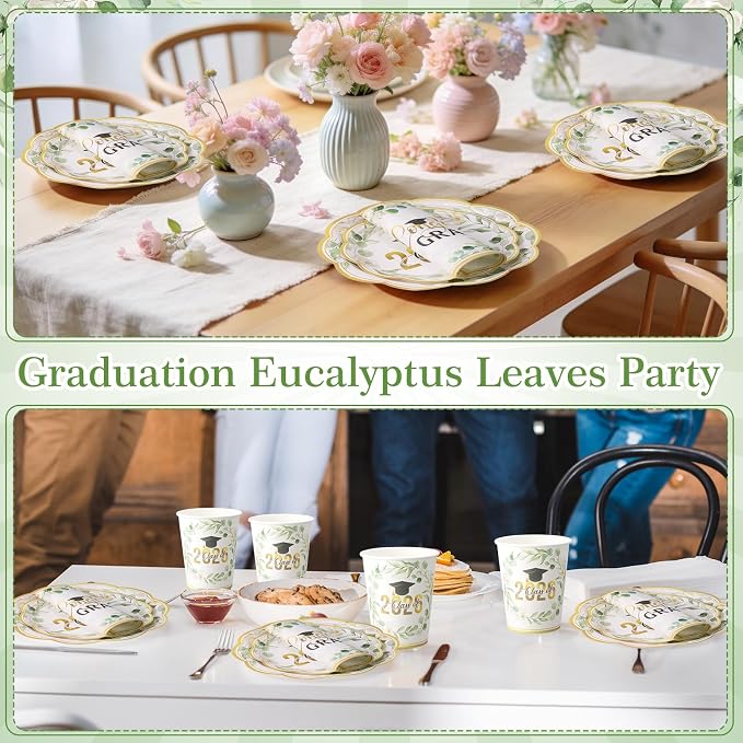 Pickmesh 250 Pcs Class of 2026 Graduation Party Supplies for 50, Sage Green Gold Floral Congrats Grad Paper Plates Napkins Cups Disposable Graduation Party Tableware Set for Grad Table Decoration