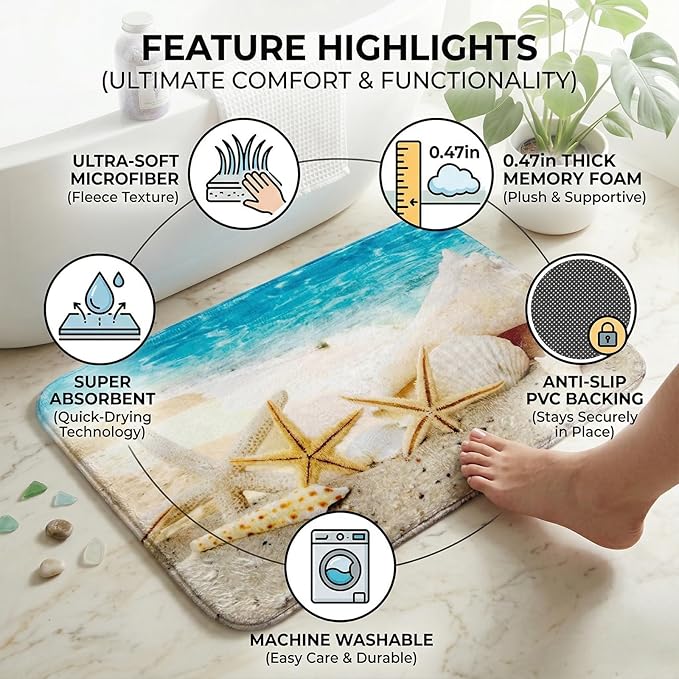 WODEJIA Non Slip Bath Rugs Sponge Foam for Bathroom,Soft Flannel Mat Rug for Living Room, Absorbent Water Clearance MatS for Forlaundry Room and Kitchen,Ocean Beach Themed Carpt 24x16 Inches