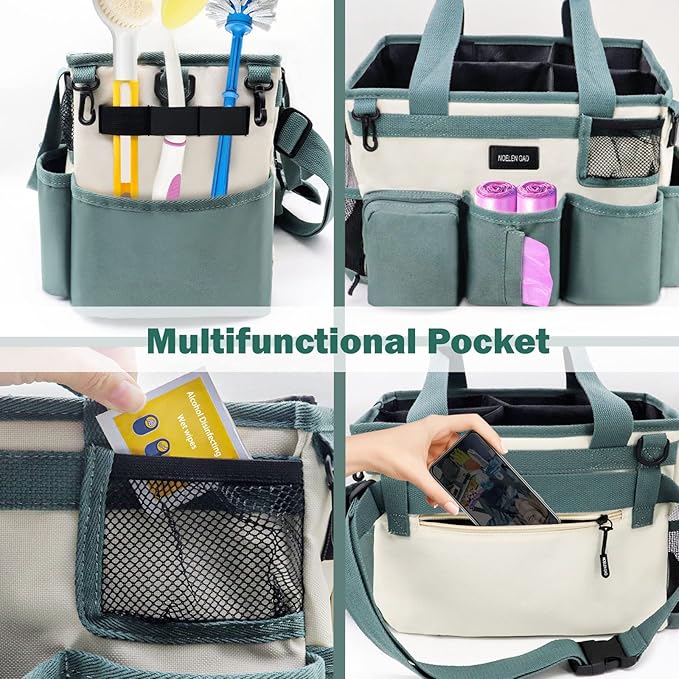 Wearable Cleaning Caddy Bag,Cleaning Supply Tote for Cleaning Supplies, Cleaning Organizer with Adjustable Shoulder and Waist Straps for Cleaners & Housekeepers (Green White, Large)