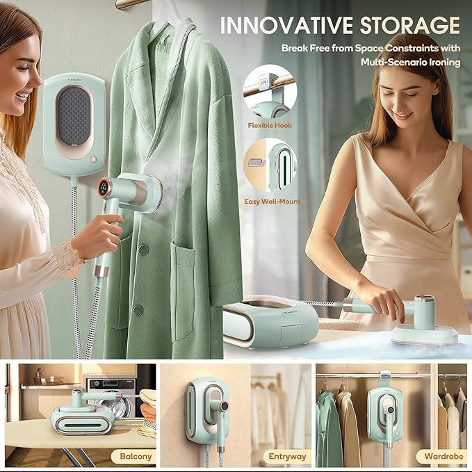 Newbealer 2In1 Pro Station Iron, 1550W Turbo Steam, 1.2L Tank (Green) | Hanging Garment Steamer, 3-Level Steam & 3 Dry Ironing, 30s Heat Up, Self Clean, Auto-Off, Versatile for Home/Hotel/Boutique