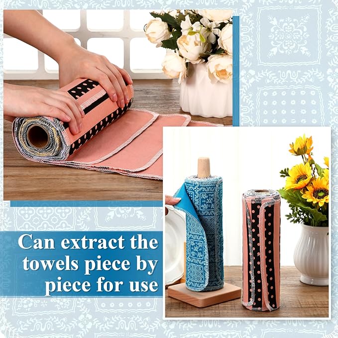 Redbaker 50 Pcs Reusable Paper Towels Paperless Reusable Cotton Cloths Toilet Absorbent Washable Paper Towels with Roll Kitchen Dishcloth for Kitchen Paperless Dishcloths(Floral, Dot, Stripe)