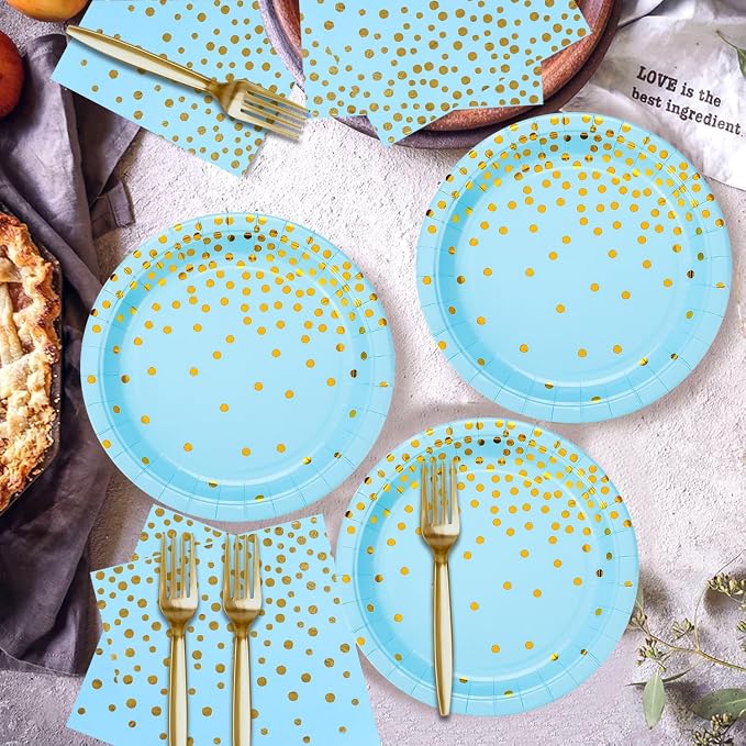 150 PCS Blue and Gold Paper Plates Napkins Forks Party Supplies Serves 50, Golden Dot Disposable Paper Dinnerware 9" Plates for Birthday, Baby Shower, Boy Birthday