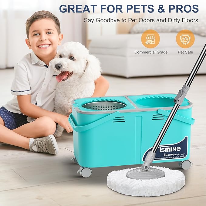 2026 Upgraded Easy-Use Spin Mop for Cleaner, Clean & Dirty Water Separation Mop Bucket for Pet & Family Homes,360° Swivel Wheels, Safe for Hardwood & Tile, Adjustable Handle,6 Reusable Mop Heads