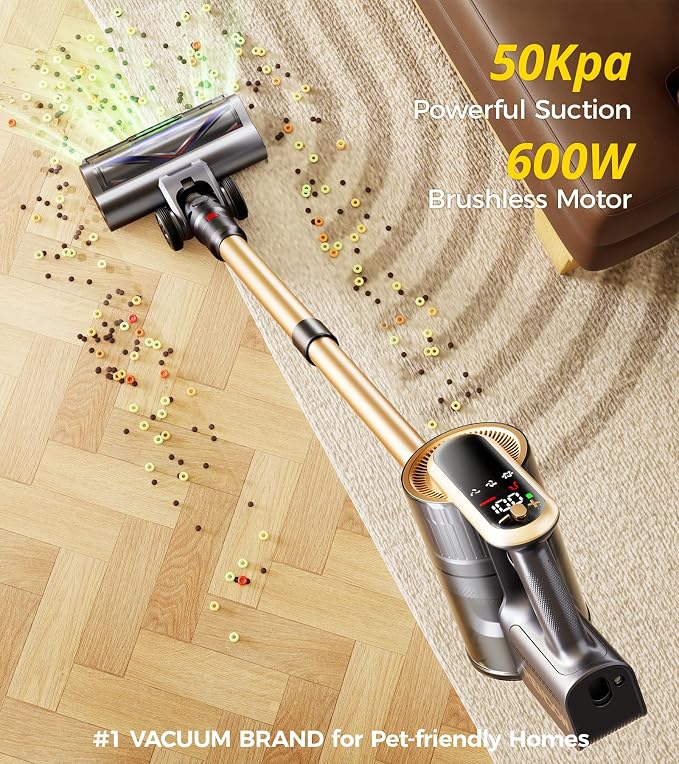 RENDOW Cordless Vacuum Cleaner, 600W 50Kpa 65Mins Vacuum Cleaners for Home, Self-Standing Cordless Stick Vacuum with LED Display,Anti-Tangle Rechargeable Wireless Vacuum for Pet Hair/Carpet/Hard Floor