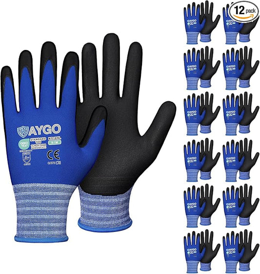 KAYGO Safety Work Gloves MicroFoam Nitrile Coated-1 Pairs, KG18NB,Seamless Knit Nylon Glove with Black Micro-Foam Nitrile Grip,Ideal for General Purpose,Automotive,Home Improvement,M,Blue