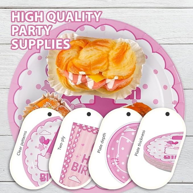96Pcs Pink Kitten 4th Birthday Party Decorations Pink Cat Dot Plates and Napkins Tableware Set Cartoon Cat Theme 4th Birthday Decorations for Four Years Old Girls Party Supplies Serves 24