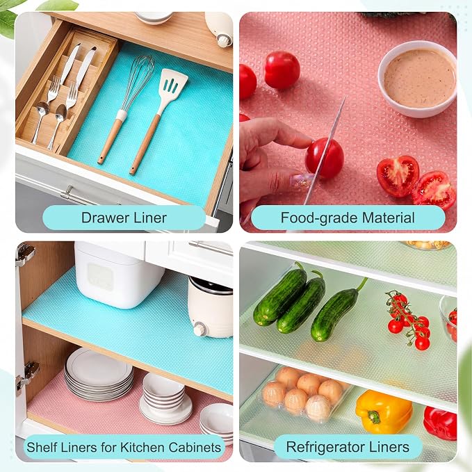Junkin 3 Roll Refrigerator Liners, 11.8 Inch x 9.8 ft Washable Waterproof Fridge Mat Easy to Clear Fridge Pads Shelves Drawer Table Mats Refrigerator Liners for Shelves, Easy to Cut