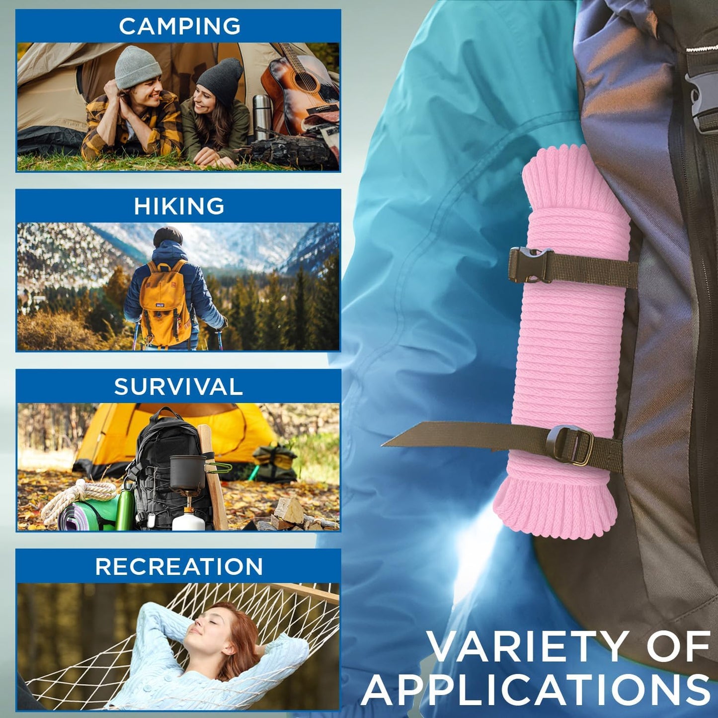 TECEUM Cotton Rope 3/16” (5 mm) – 100 FT – Strong All-Purpose Braided Rope – Natural Cotton – for Crafting, Сamping, Clothes Line, DIY, Indoor & Outdoor Use – Pink