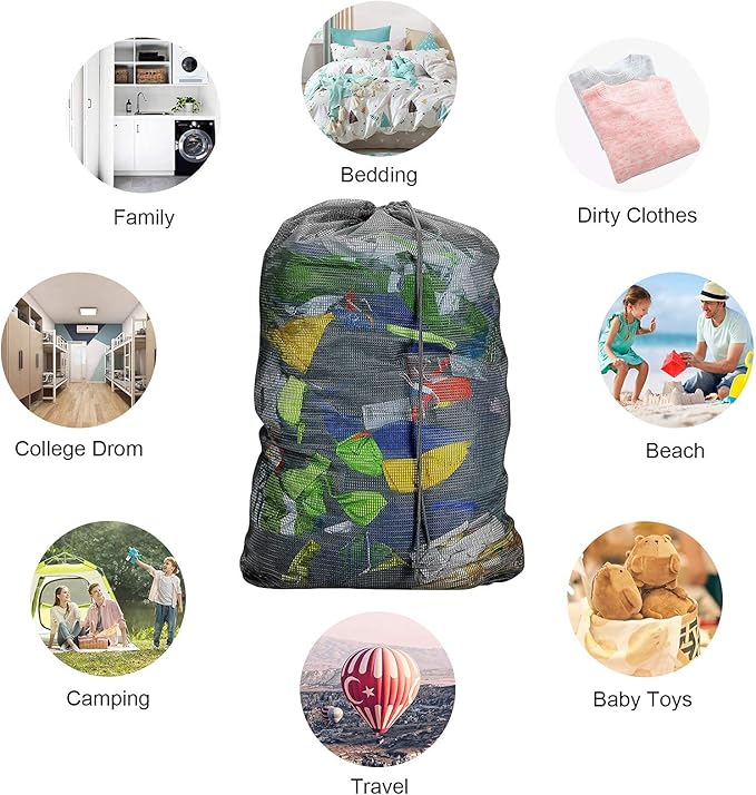 Dalykate Laundry Bag with Shoulder Straps and Mesh Pocket and Mesh Laundry Bags 3 Pack, 2 Item Bundle