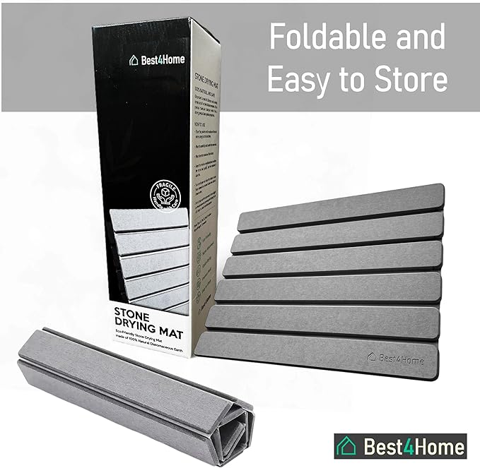 Stone Drying Mat for Kitchen Counter - Grey 12x16In Dish Drying Mat - Foldable Diatomite Stone Dish Rack - Absorbent Diatomaceous Earth Non-Slip Tray for Bathroom