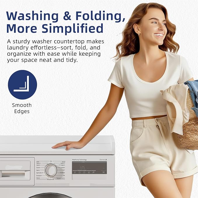 Memobarco Washer Dryer Countertop, 54" Width x 27.5" Depth Laundry Countertop Organization, Wooden Washer and Dryer Topper for Folding, Sorting & Ironing, Easy to Install, White