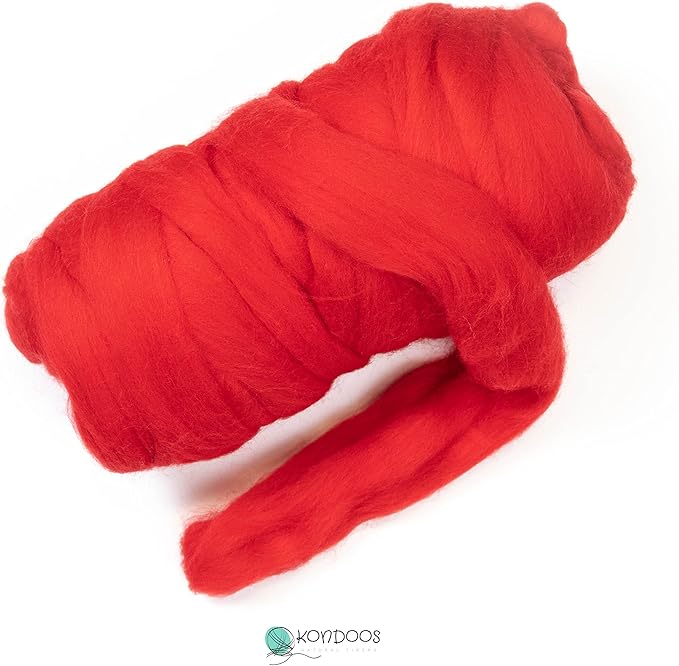 Colored Natural Wool roving, 1 lb. Best Wool for Needle Felting, Wet Felting, handcrafts and Spinning. (Red, 1 lb)