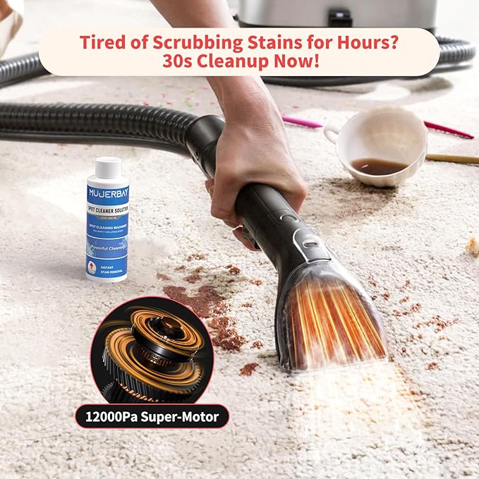 Upholstery Carpet Cleaner, MUJERBAY UltraHeat 12Kpa Portable Spot & Stain, Move with Universal Wheels & Handle, 1.18-inch Deep Cleaning Machine for Couch, Stairs, Car & Pet Messes.Silvery Black