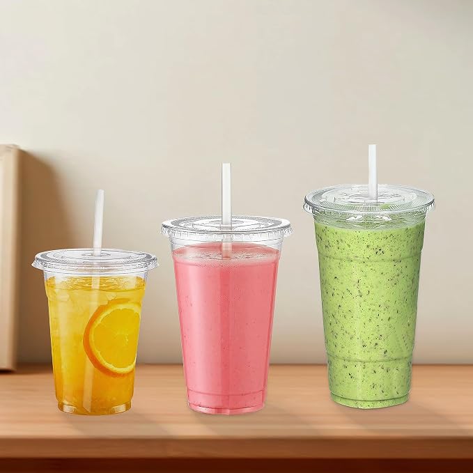 TashiBox 100 sets 24 oz plastic cups with flat lids and straws, smoothie cups with lids and straws, meal prep plastic large cups