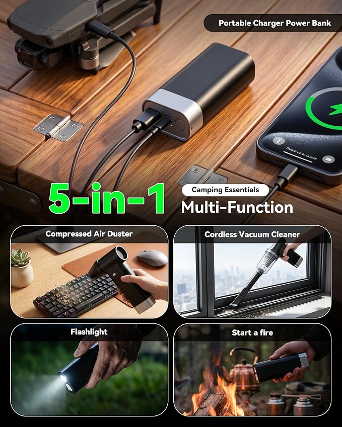 5-in-1 Portable Multi-Function Tool with 10000mAh Power Bank, Electric Air Duster, Mini Vacuum, Magnetic Modular Outdoor Gadget for Car, Camping, Home