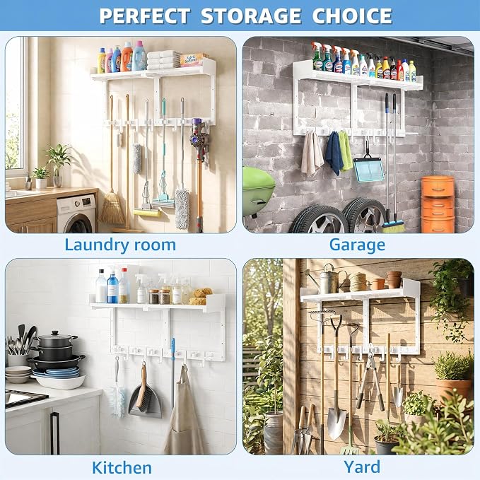 HUFAND Broom Holder Wall Mount, 27" Large Mop and Broom Organizer Wall Hanging with Top Storage Shelf & Vacuum Hook, Heavy Duty Iron Utility Rack for Laundry Room, Garage, Kitchen, Garden - White