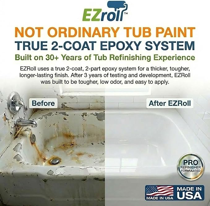 Bathtub Refinishing Kit, Tub and Tile Paint, White Low Odor Bath Paint, Long-Lasting Durable Tub Paint Kit for All Bathtubs, Tiles, Sinks and Showers, Easy Roll-On DIY Tub Coating, Made in USA