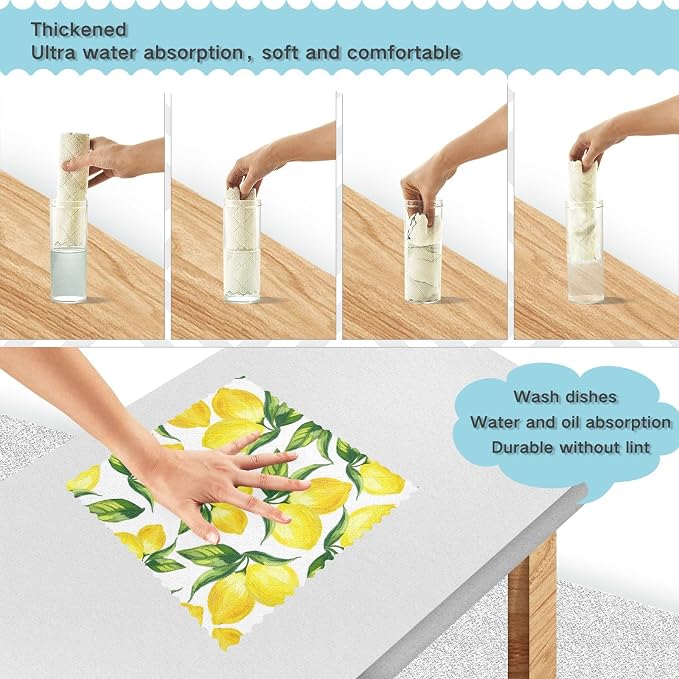 ALAZA Kitchen Towels Yellow Lemon and Green Leaves on White Dish Towels Multipurpose Reusable Dish Cloths Soft Cleaning Cloth Kitchen Accessories Set of 6,11"x11"