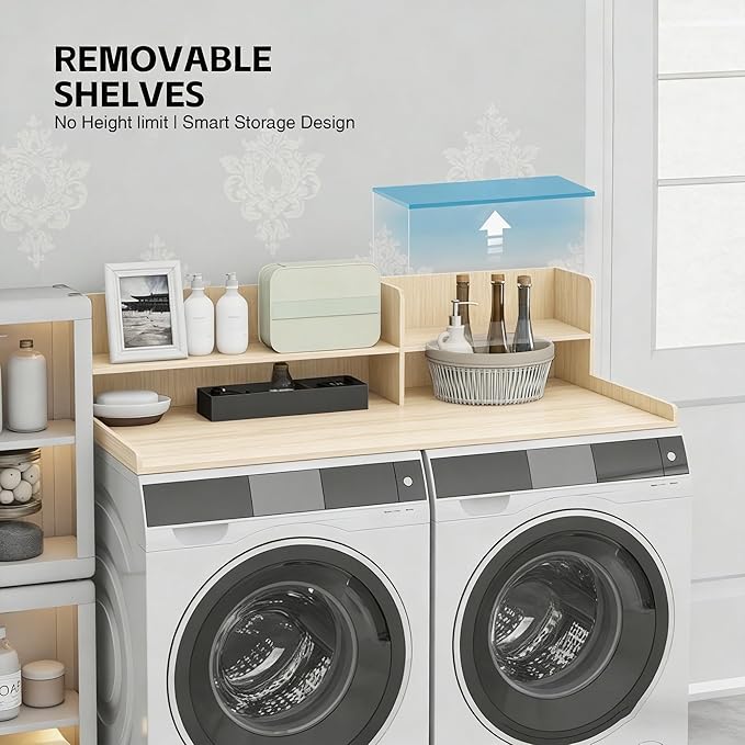 Laundry Topper For Washer And Dryer,Adjustable Washer Dryer Countertop | Natural Laundry Room Countertop 2 Tier,Shelf For Folding & Storage,Fits Standard Washers & Dryers, Laundry Room Organization