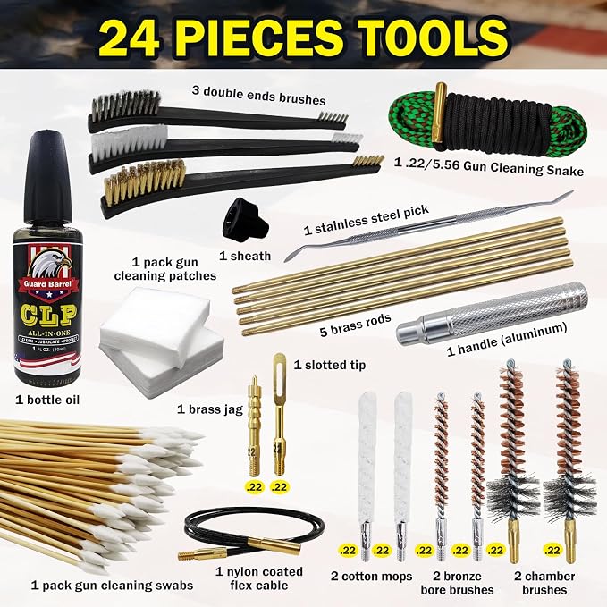 Gun Cleaning Kit for .22 .223Cal .22LR, 5.56 Cleaning kit with 30ml Gun Cleaning Oil, Gun Cleaning Snake, Cleaning Swabs, Bronze Bore Brush and Brass Jag Adapter with Portable Case