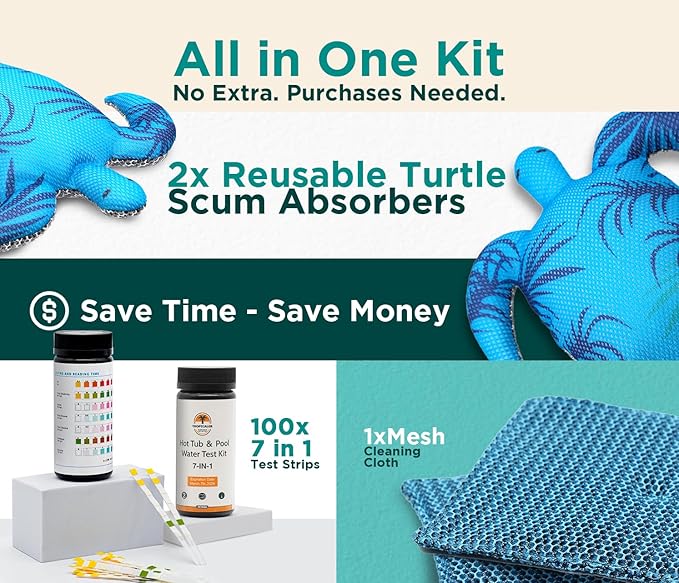 Hot Tub Scum Absorber Turtle 2 Pack for Spa Hot Tub – Floating Hot Tub Scum Sponge Set with Water Test Kit & Mesh Cleaning Cloths, Reusable Scum Sponge for Hot Tub, Essential Hot Tub Accessories