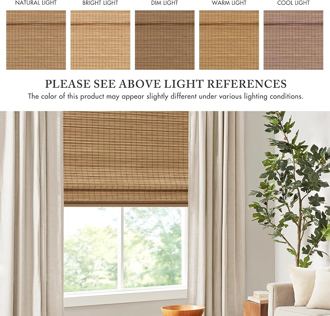 Madison Park Eastfield 100% Bamboo Cordless Roman Shades-Woven Wooden Privacy Panel, Light Filtering Easy Installation Window Blind Treatment, Bedroom, Living Room Decor, 35" W x 64" L, Neutral