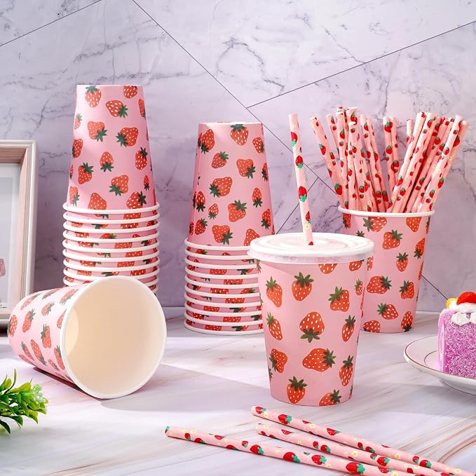 50 Sets Strawberry Paper Cups with Paper Straws Plastic Lids 12OZ Summer Fruits Disposable Coffee Tea Cups for Girls Fruit Birthday Party Juice Drink Beverage Bar Supplies